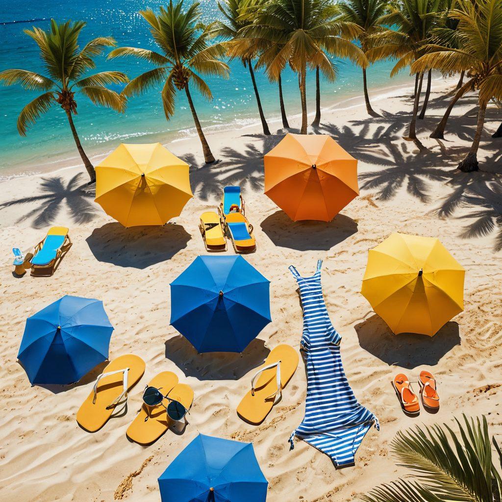 A stylish beach scene featuring a diverse group of individuals showcasing various trendy swimwear styles, accessorized with hats, sunglasses, and beach towels. The sparkling ocean and golden sand create a vibrant backdrop, while colorful beach umbrellas and tropical palm trees add pops of color. The atmosphere is lively and inviting, encouraging viewers to explore their own beach wardrobe. super-realistic. vibrant colors. sunny atmosphere.